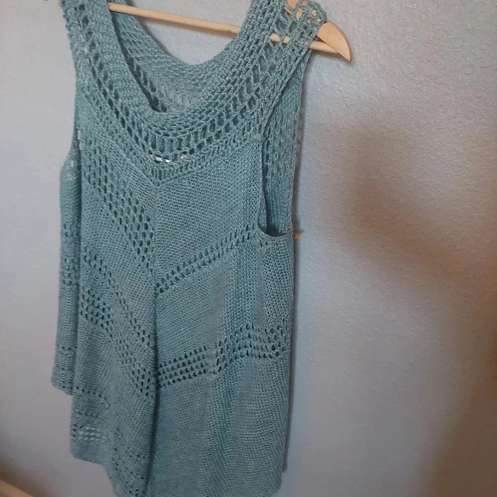 Free people Knit Crocheted Bohemian Beach Tunic Top Blue Oversized Small